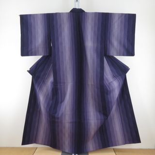 ウール着物 単衣 紫色 ぼかし バチ衿 縦縞模様 カジュアルきもの 普段着物 仕立て上がり 身丈157cm(着物)