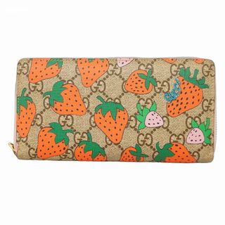 グッチ(GUCCI)の【5ge5581-h】グッチ 長財布 GGスプリーム ストロベリー 573865 PVC ブラウン ピンク レッド ゴールド金具【中古】レディース(財布)