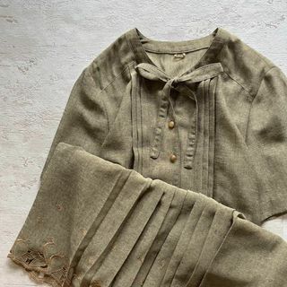 上品レトロリネン風ワンピースレース刺繍入りリボン付きナチュラル系ヴィンテージL1