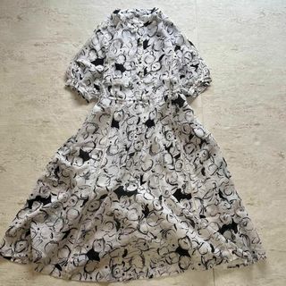サンタモニカ(Santa Monica)の昭和レトロ花柄モノトーンロングワンピース七分袖 おしゃれシック白黒ローズ柄L1(ロングワンピース/マキシワンピース)