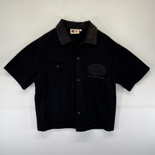 古着  DRE 半袖 ワークシャツ デニム バックプリント 胸ポケット ボタン ロゴ ワッペン 襟コーデュロイ L  ブラック メンズ(シャツ)