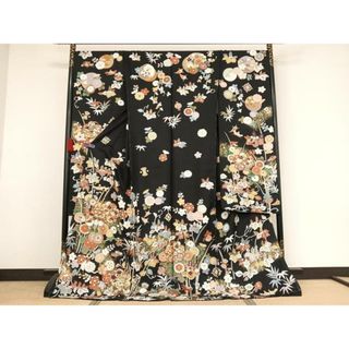 平和屋着物●豪華振袖　友禅　駒刺繍　吉祥草花文　黒地　金糸　仮絵羽　逸品　未使用　AAAY1519np(振袖)