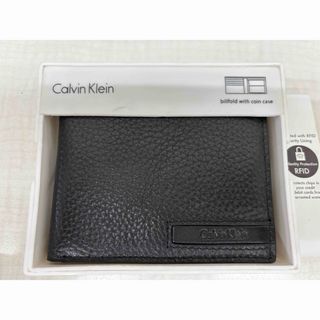 【新品未使用】カルバンクライン2折小銭入付財布79698BK 型押レザー 箱入