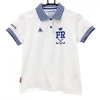 【超美品】ルコックゴルフ 半袖ポロシャツ 白×ブルー 襟・袖口ボーダー ロゴ刺しゅう レディース L ゴルフウェア le coq sportif