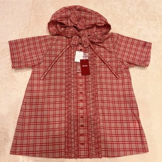 ピンクハウス(PINK HOUSE)のピンクハウス　ギンガムチェック赤系　フリルいっぱい　フード付きブラウス　定価3万(シャツ/ブラウス(半袖/袖なし))