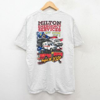 XL★古着 半袖 Tシャツ メンズ 消防車 救急車 大きいサイズ クルーネック 薄グレー 霜降り 25jul29 中古(Tシャツ/カットソー(半袖/袖なし))