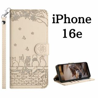 iPhone16e ケース 手帳型 猫柄 花柄 レザー ホワイト カバー ケース(iPhoneケース)