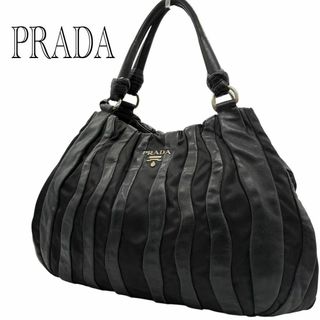 プラダ(PRADA)の【PRADA】クリムソンストライプ　ハンドバッグ　ナイロン×レザー　テスート(ハンドバッグ)