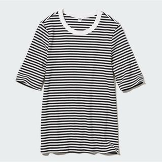 ユニクロ(UNIQLO)のリブボーダークルーネックT(5分袖)/UNIQLO  L(Tシャツ(半袖/袖なし))