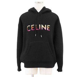 セリーヌ(CELINE)の【未使用】CELINE PARIS セリーヌ パリ パーカー ニット ロゴ スパンコール グラデーション ウール100％ ドローコード ローゲージ プルオーバー フーディー ロングスリーブ 長袖 トップス タグ付属 メンズ サイズ S ブラック 黒 イタリア製 2A10X666Q(ニット/セーター)