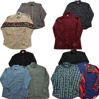 古着卸 まとめ売り ラングラーWrangler ウエスタン 長袖シャツ 10枚セット (メンズ L ) チェック 無地 デニム ブラック  中古 古着 NB4287(シャツ)