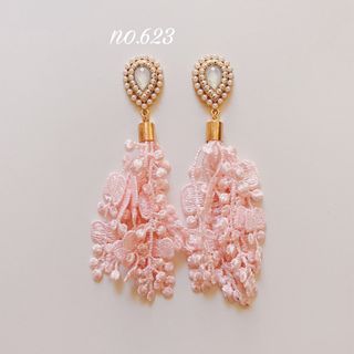 no.623 ストーン 雫 レース タッセル ピンク ピアス、イヤリング