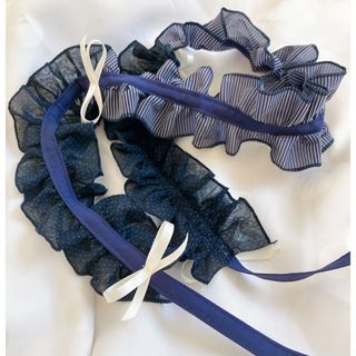 99 ハンドメイド スマホショルダー リボン フリル 夏 ネイビー 白 さわやか(スマホストラップ/チャーム)