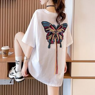 【大好評】レディース　半袖　5分丈　オーバーサイズ　韓国風　白　XL　蝶々(Tシャツ(半袖/袖なし))