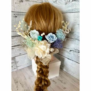 髪飾りウェディング成人式ヘッドドレス♡ブルーローズ薔薇バラ♡ドライフラワーリボン