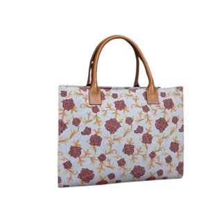 ヴェルサーチ(VERSACE)のVERSACE ヴェルサーチェ ハンドバッグ - - ライトブルー系×ブラウン系 キャンバス×レザー レディース バラ フラワー【本物保証】(ハンドバッグ)