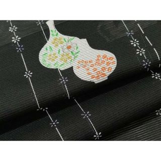 平和屋着物＊夏物　小紋　絽　陶器草花文　黒地　洗える着物　CAAU0018ev(着物)