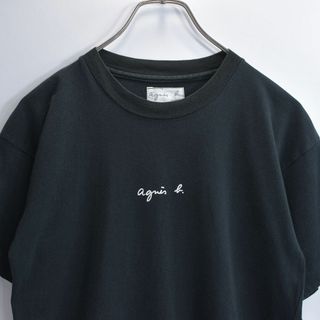 アニエスベー(agnes b.)の90s フランス製 agnès b. アニエスベー ロゴ刺繍 Tシャツ フレンチカジュアル スクリプトロゴ 半袖 カットソー ブラック 黒 フレンチヴィンテージ ビンテージ ヨーロッパ古着 レディースS～M相当(Tシャツ(半袖/袖なし))