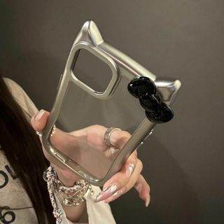 【在庫処分】iphone 15Pro 用 ケース 猫耳リボン 立体 クリア 韓国