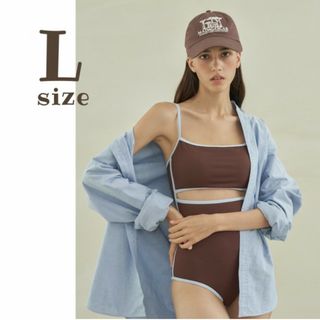 新品｜フロントオープン パイピング スイムウェア 茶色 青 ワンピース L 韓国