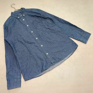 【ネイビー】Navy（L）デニムシャツ ボタンダウン スリムフィット カジュアル(Tシャツ/カットソー(七分/長袖))