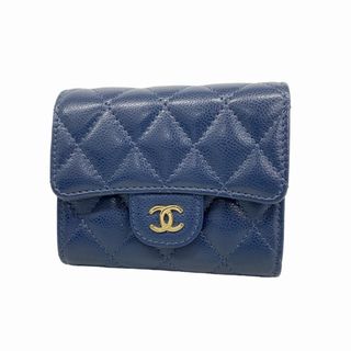 シャネル(CHANEL)の【5ge5649-h】シャネル 三つ折り財布 マトラッセ キャビアスキン ネイビー シャンパンゴールド金具【中古】レディース(財布)