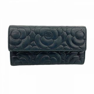 シャネル(CHANEL)の【5ge5890-h】シャネル 長財布 カメリア ラムスキン ブラック シルバー金具【中古】レディース(財布)