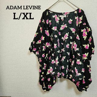 ADAM LEVINE 【L/XL】 ピンク花柄五分袖カーディガン 黒 レーヨン