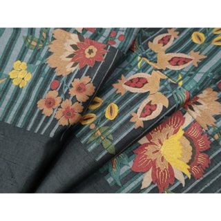 平和屋着物●上質な小紋　紬地　変わり市松更紗草花文　金彩　正絹　逸品　CAAU2785yc(着物)