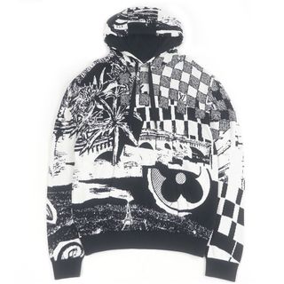 ルイヴィトン(LOUIS VUITTON)の美品□LOUIS VUITTON ルイヴィトン 23SS コットン100％ パリコラージュ ジャガード フーディー ニット パーカー ホワイト ブラック M イタリア製 正規品 メンズ(パーカー)