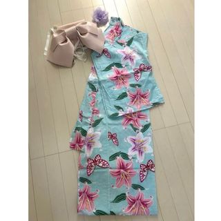 美品　浴衣セット　水色　ゆり　3点セット　百合　即日配送可能(浴衣)