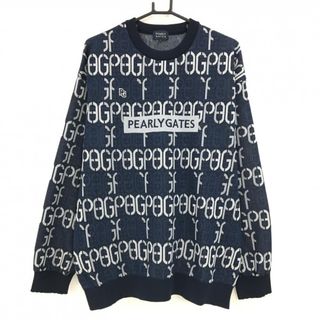 【超美品】パーリーゲイツ セーター ネイビー×白 ロゴ総柄 ニット メンズ 6(XL) ゴルフウェア 2024年モデル PEARLY GATES