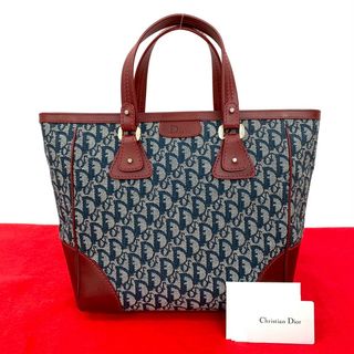 極 美品 Christian Dior ディオール ロゴ トロッター 柄 キャンバス レザー 本革 ハンドバッグ トートバッグ ボルドー ネイビー 27347