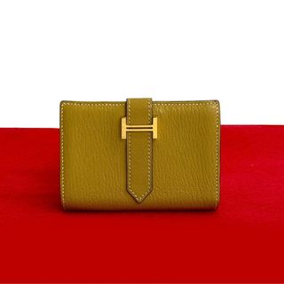 エルメス(HERMES)の極 美品 □L 刻印 HERMES エルメス ベアン ミニ シェーブル レザー 本革 カードケース 名刺入れ パスケース イエロー 42052(パスケース/IDカードホルダー)