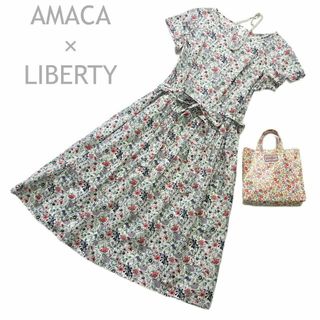 アマカ(AMACA)のアマカ×リバティ　コラボワンピース　38　M　花柄　ウエストリボン　フレア　春夏(ひざ丈ワンピース)