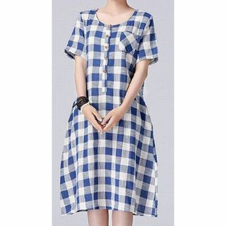 すっきり爽やかチェック柄胸元のボタンデザイン★ゆったり可愛いAラインクワンピ♪L