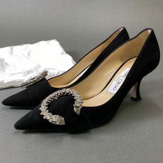 ジミーチュウ(JIMMY CHOO)の1g31 JIMMY CHOO ジミーチュウ 2023 Melva ラインストーン ビジュー ヒールパンプス シューズ イタリア製 36 ブラック スエード レディースk02i(ハイヒール/パンプス)