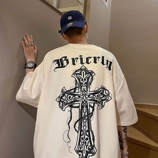 【人気】メンズ　半袖　5分丈　オーバーサイズ　韓国風　白　XL　(Tシャツ/カットソー(半袖/袖なし))