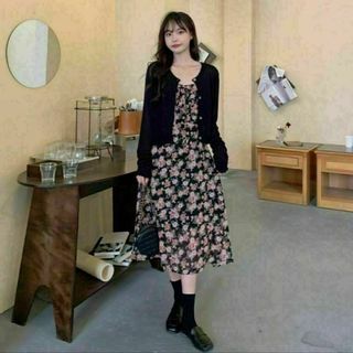 【残り1点】レディース 花柄ワンピース カーディガン　2点セット　韓国 ピンク(ロングワンピース/マキシワンピース)