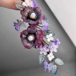 瑠璃花凌霄花朝顔真珠胡蝶青葉　白赤黒青金色髪飾り　花見花火　結婚式　着物浴衣漢服