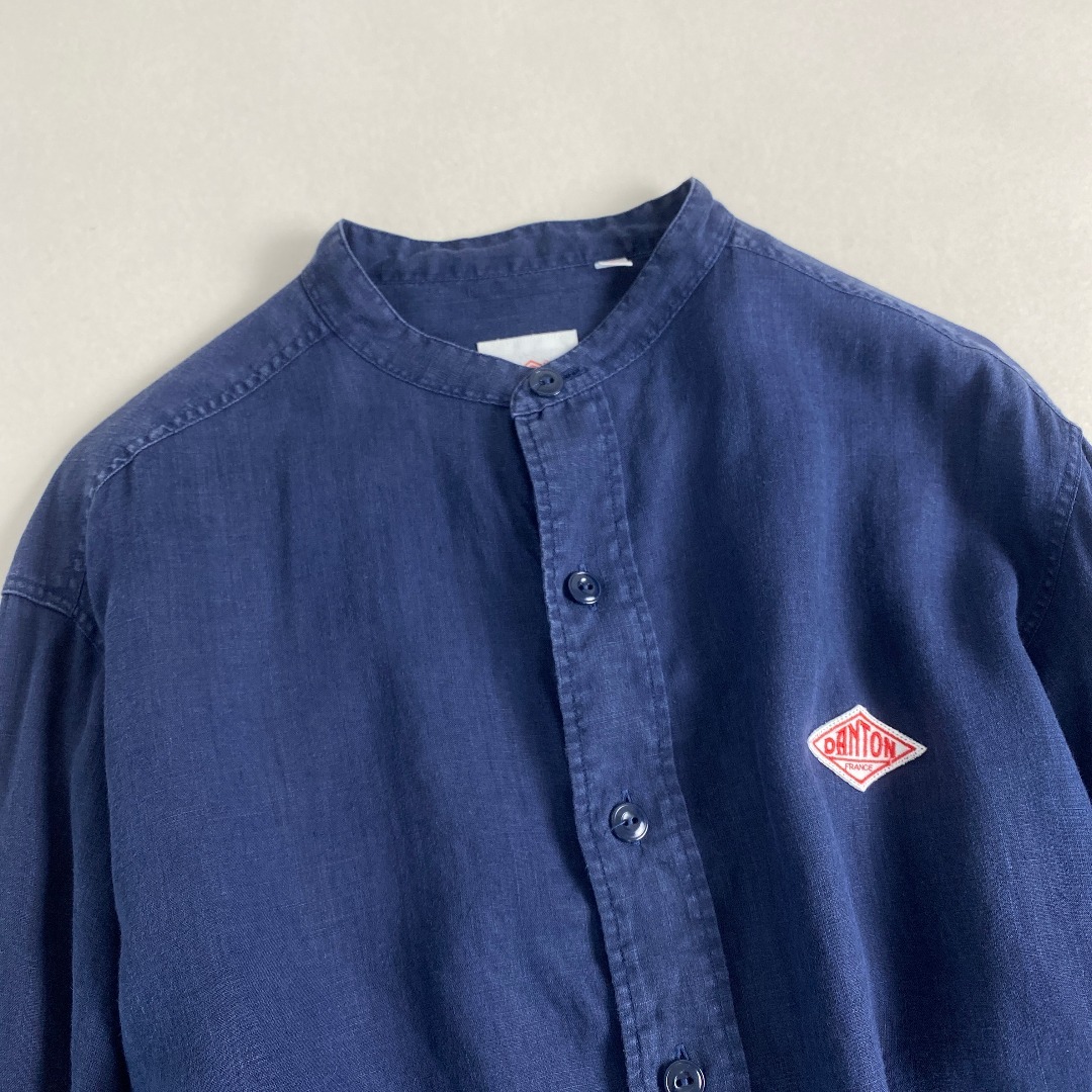 DANTONダントンリネン プルオーバー ショートスリーブシャツ40ネイビー美品 DANTON リネン ラウンドカラー ショート スリーブ プルオーバー