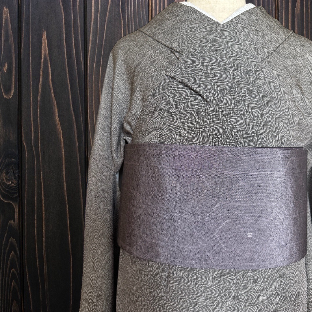 着物反物* 灰紫西陣と格子 大人の兵児帯 半幅帯 長尺465