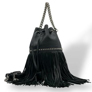 ジェイアンドエムデヴィッドソン(J&M DAVIDSON)の美品 J&M Davidson ジェイアンドエムデヴィッドソン 2WAY ハンドバッグ ショルダーバッグ フリンジ カーニバル ミニ スタッズ チェーン 巾着 黒 ブラック レザー シルバー金具 レディース R(ショルダーバッグ)