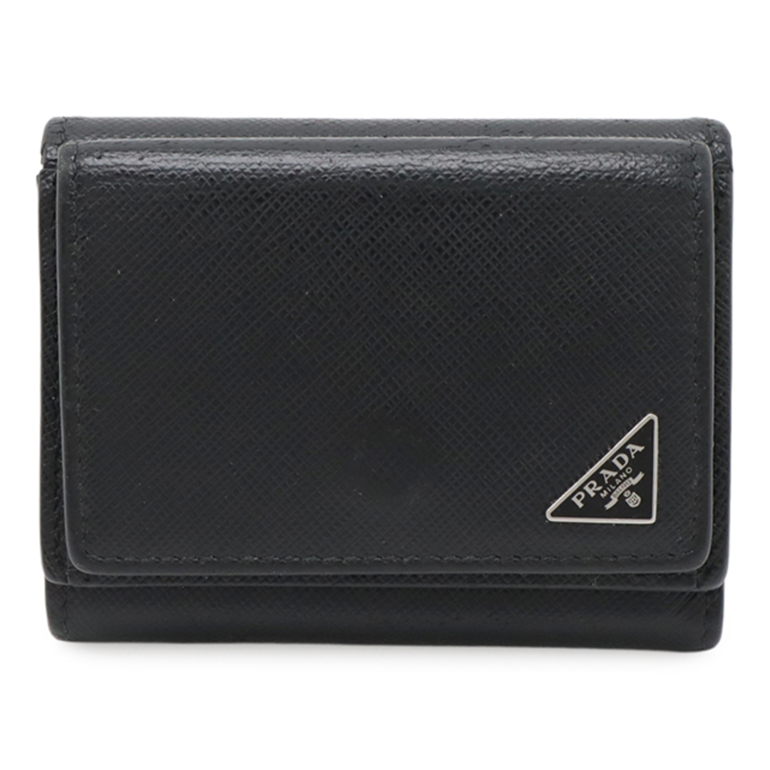 ①PRADA 3つ折り財布 サフィアーノレザー トライアングルロゴ 黒 PRADA - PRADA プラダ トライアングルロゴ コンパクトウォレット
