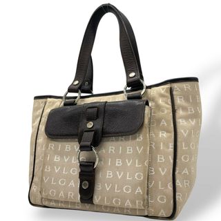 ブルガリ(BVLGARI)の美品 BVLGARI ブルガリ ロゴマニア ハンドバッグ ミニバッグ キャンバス レザー ベージュ ダークブラウン 茶 シルバー金具 手提げ レディース U5(ハンドバッグ)