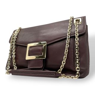 極美品 Roger Vivier ロジェヴィヴィエ ショルダーバッグ ダークブラウン 茶色 焦げ茶 レザー 本革 ゴールド金具 チェーンショルダー 肩掛け可 斜め掛け可 フロントバックル レディース K7