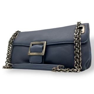 極美品 Roger Vivier ロジェヴィヴィエ ショルダーバッグ ネイビー 紺色 レザー ブラック金具 チェーンショルダー 肩掛け可 斜め掛け可 フロントバックル レディース K9(ショルダーバッグ)
