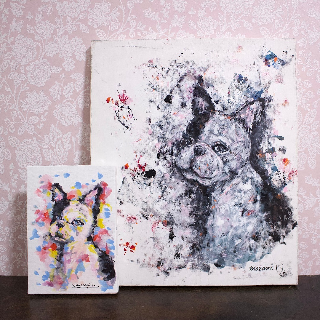 タイトル「フレンチブルドック、片パイド」  アクリル画 キャンバス  F8 原画 タイトル「フレンチブルドック、片パイド」 アクリル画