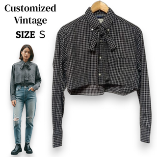 ジェイクルー(J.Crew)のリメイク古着 J.CREW ショート丈クロップドシャツ チェック柄 S ボウタイ(シャツ/ブラウス(長袖/七分))
