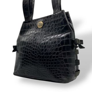 ヴェルサーチ(VERSACE)のVERSACE ヴェルサーチ メデューサ金具 クロコ型押し エンボスレザー ハンドバッグ トートバッグ ブラック ゴールド金具 レディース 正規品 A1(トートバッグ)
